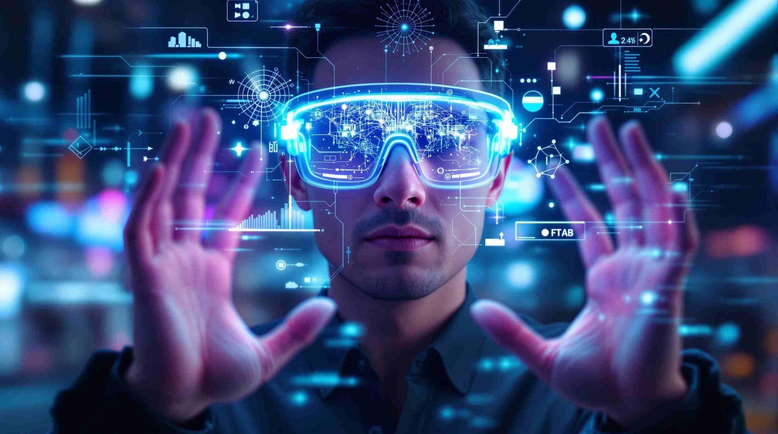 Smart glasses user with augmented reality AI overlay showing neural network interface and contextual information